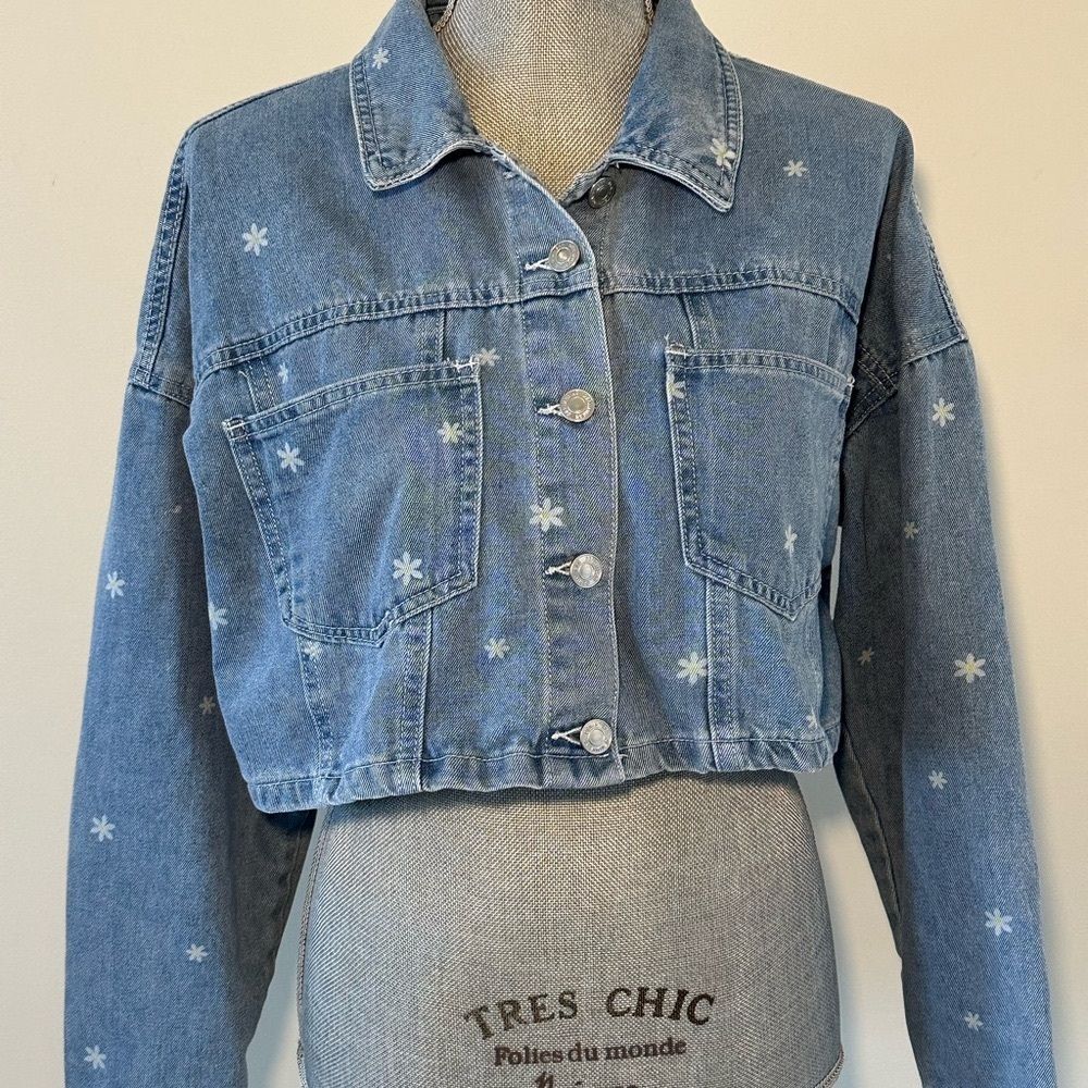 Stoosh Vintage Denim Women’s SZ L Cropped Jacket Daisy Print Classic Floral